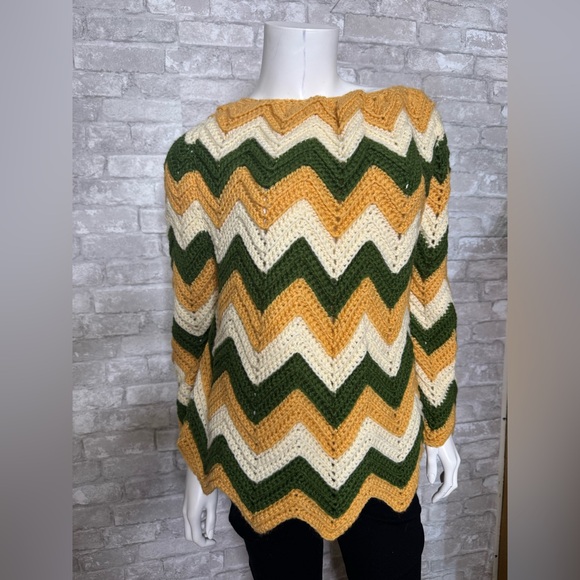 Sweaters - Chevron Patterned Sweater - Green, Yellow, and Cream